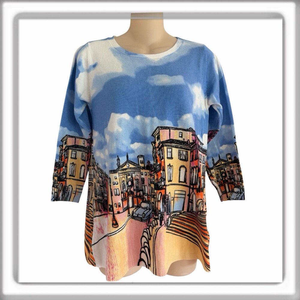 Joseph A. Multicolor Palazzo Paris Scenic Print Pullover Sweater Size Medium